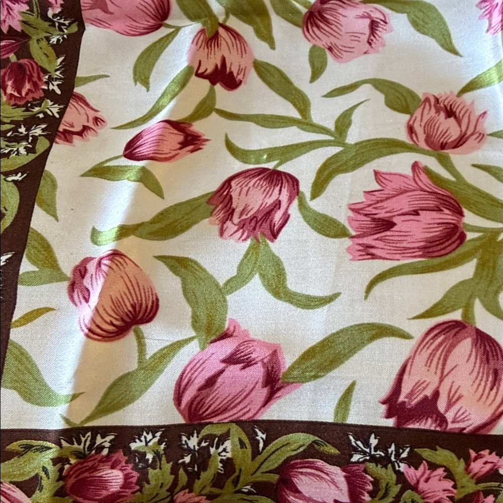 Vintage Scarf Floral Tulips Brown Pink Satiny Green 21” Square - Picture 2 of 4